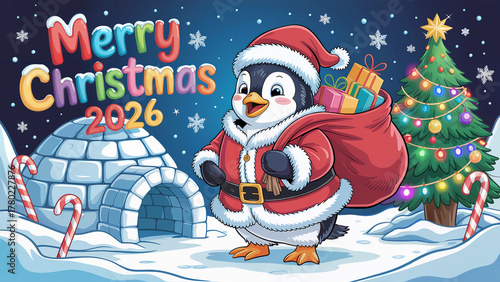 Merry Christmas 2026 – Penguin Santa’s Festive Greeting, snow