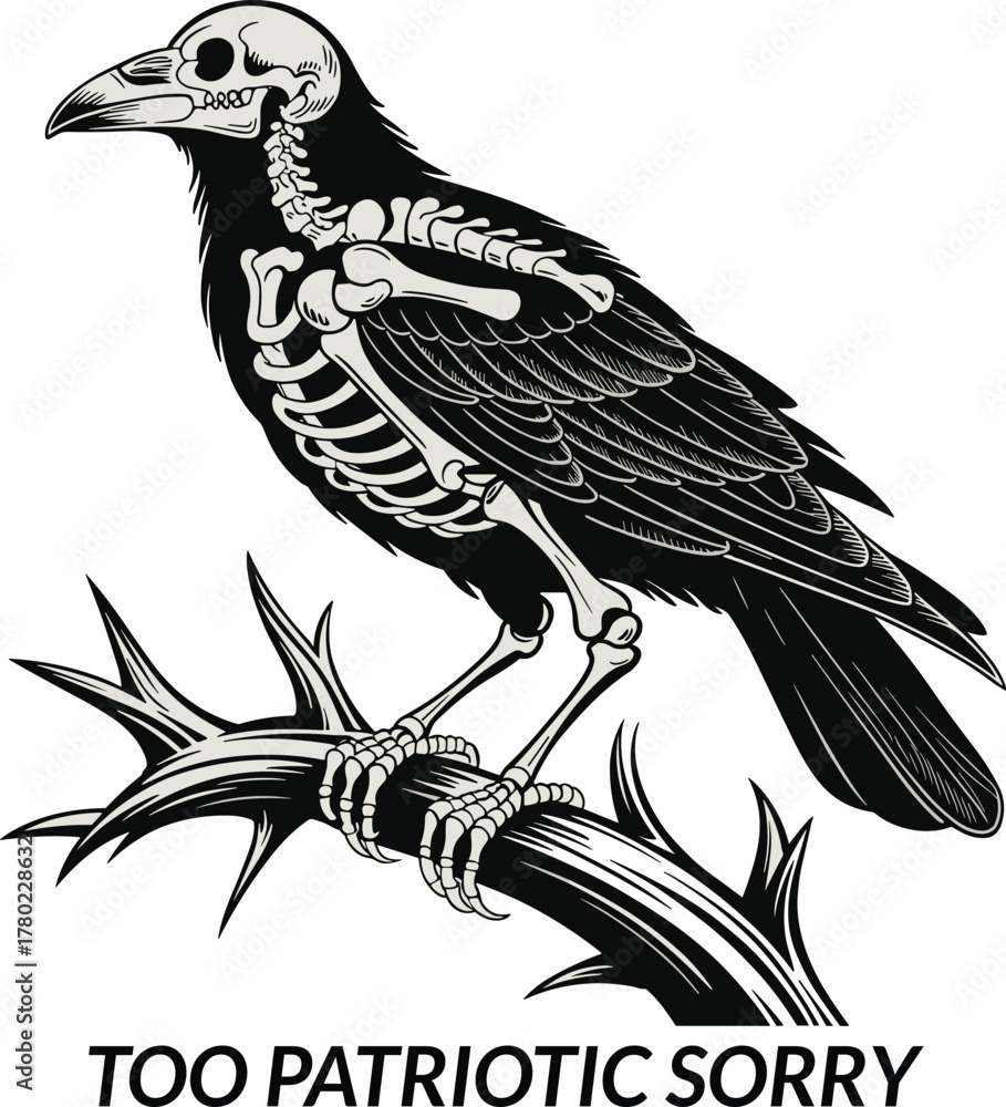 Naklejka premium Black bird skeleton perched on thorny branch white bone design.