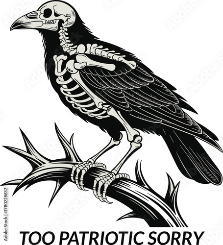 Black bird skeleton perched on thorny branch white bone design.