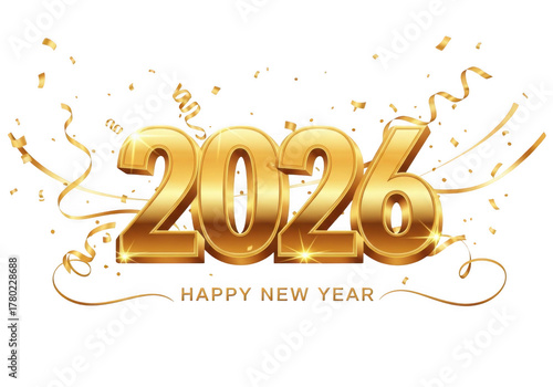 Golden 2026 balloons with confetti and streamers isolated on transparent background