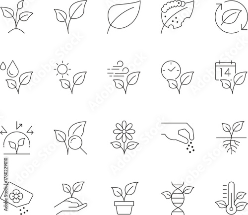 Collection of editable stroke plant line icons for nature and gardening designs