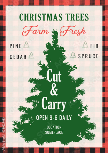 Christmas tree farm flyers, cut and carry. Template layout of advertising flyer. Green spruce silhouette. Vector illustration for promotional and social media posts.