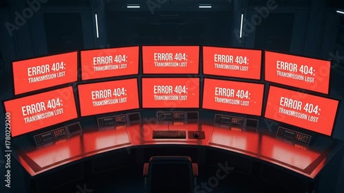 Multiple Computer Screens Showing Error Transmission Lost Message in Dark Control Room