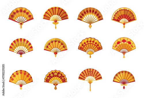 A collection of twelve uniquely designed and decorated folding fans artfully arranged