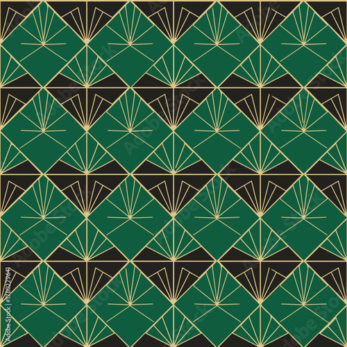 Flat vector geometric tile pattern inspired by Art Deco — fan shapes, arches, and sunbursts — emerald green, gold, and black palette with high contrast.