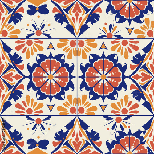 Flat vector tile pattern inspired by Mexican Talavera — floral and geometric motifs in vivid blue, orange, red, and yellow — handcrafted look with clean vector precision.