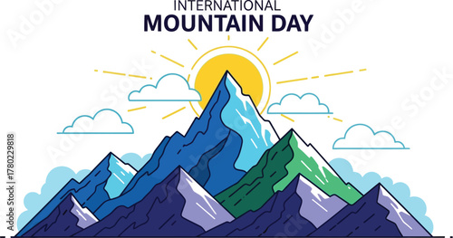 International Mountain Day with mountain peak and sun