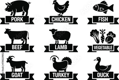 Farm animals and silhouettes and banner labels food icons pork, fish, chicken lamb, goat, turkey, duck, vegetables.