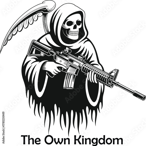 Grim reaper skeleton hooded figure holding assault rifle and scythe skull.