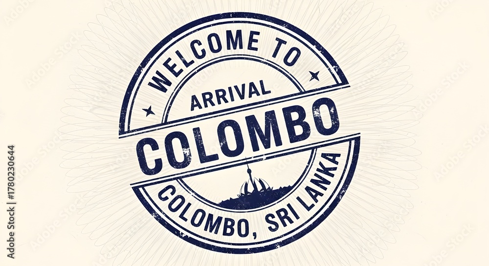 Obraz premium Welcome to Colombo arrival stamp design, vintage travel immigration seal, Sri Lanka tourism passport mark illustration, retro ink stamp emblem for travelers and global journey concept