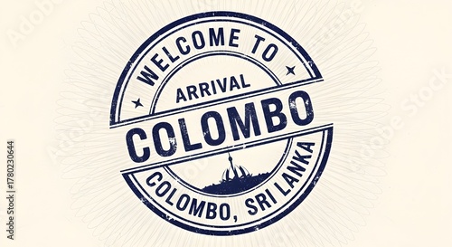 Welcome to Colombo arrival stamp design, vintage travel immigration seal, Sri Lanka tourism passport mark illustration, retro ink stamp emblem for travelers and global journey concept