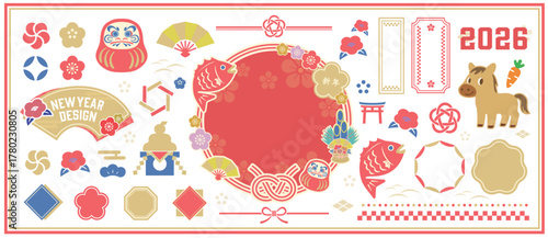 2026年の午年のイラストセット。正月。新年。年賀はがき。新春イラストセット。にほんのモチーフのイラストセット。