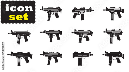Uzi submachine gun icon Set, Uzi submachine gun solid vector