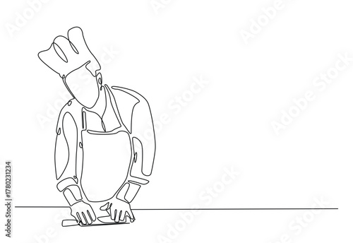 Chef rolling out cake dough in continuous one line drawing. Single line art illustration of chef preparing food. Editable vector.