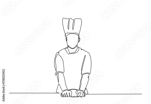 Chef rolling out cake dough in continuous one line drawing. Single line art illustration of chef preparing food. Editable vector.