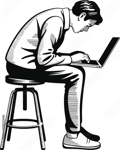 Person sitting on stool typing on laptop computer vector.