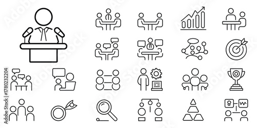 Conference vector icon set clean professional business icons perfect for networking events webinar graphics coaching session layouts strategic planning documents and company profile designs