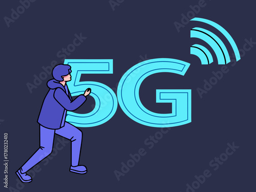 5G technology, a new generation of cellular networks, AI connection via high-speed internet, fiber-optic communication, new-generation antennas, 5G icon