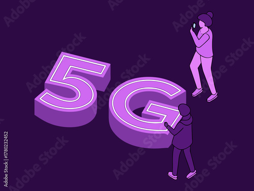 5G technology, a new generation of cellular networks, AI connection via high-speed internet, fiber-optic communication, new-generation antennas, 5G icon