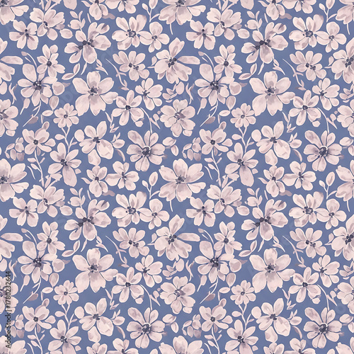 Watercolor floral pattern of hand-painted wildflowers and sprawling leaves tied with a sheer ribbon on a bright white silk background, created for wallpaper and fabric, illuminated with diffused	