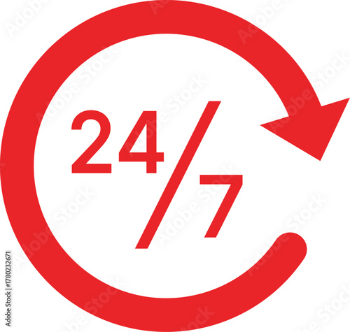 Red 24/7 Service Icon With Circular Arrow twenty four seven symbol