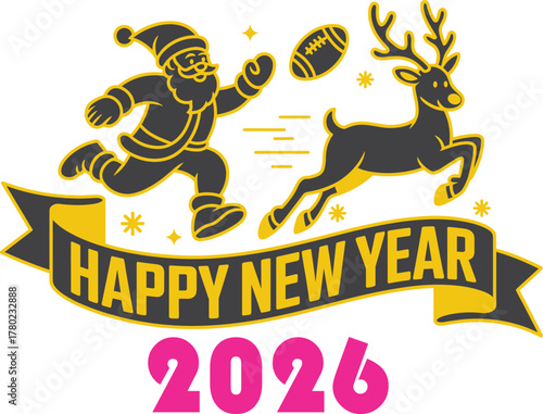  Happy New Year Santa reindeer football vector design.