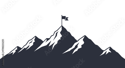 Dark blue mountain peak with flag against white background vector summit