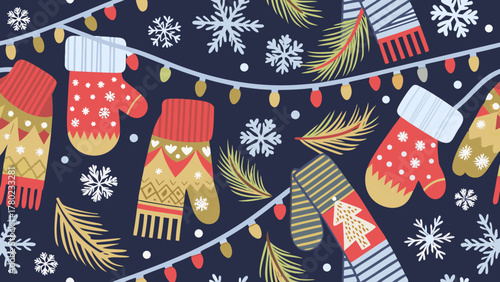 Cozy winter mittens and snowflakes adorned with festive christmas lights on a dark blue background