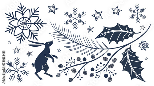 Whimsical dark blue silhouette of a jumping hare surrounded by snowflakes pine branches holly leaves berries and stars on a white background