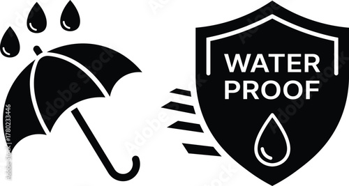 Black umbrella with raindrops and waterproof shield icon vector