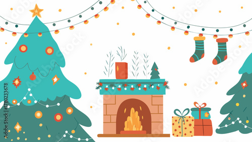 Cozy christmas scene with decorated trees a fireplace with a warm glow hanging stockings and festive gifts
