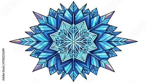 Intricate geometric snowflake design with sharp crystalline blue and purple facets on a black background