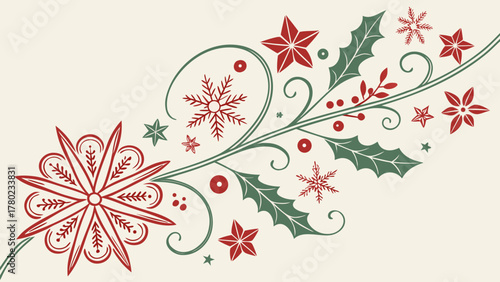 Elegant red and green christmas swirls with holly berries stars and snowflakes on cream background