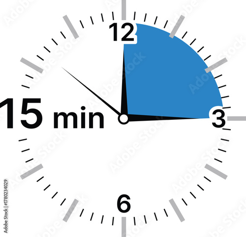 Fifteen minute timer clock with blue segment and black hands fifteen minutes countdown
