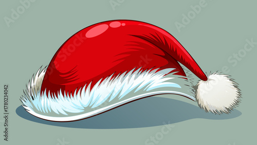 Classic red santa claus hat with white fur trim and pom pom isolated on a muted background