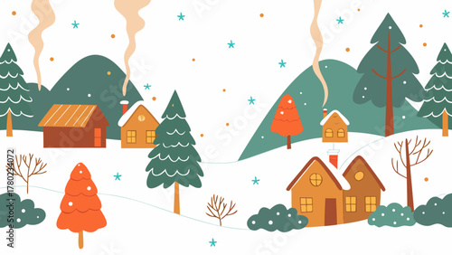 Charming winter village scene with cozy houses and snow covered hills and trees