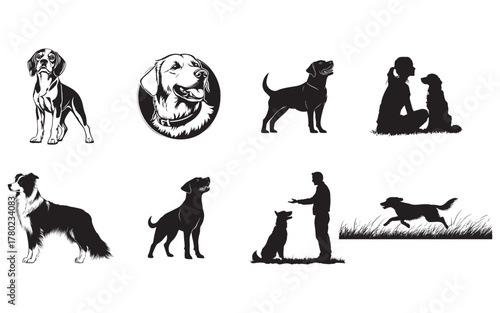 Dog Silhouette Collection with Training, Walking, and Playing Illustrations