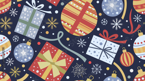 Festive holiday pattern featuring colorful christmas ornaments wrapped gifts and snowflakes on a dark blue background