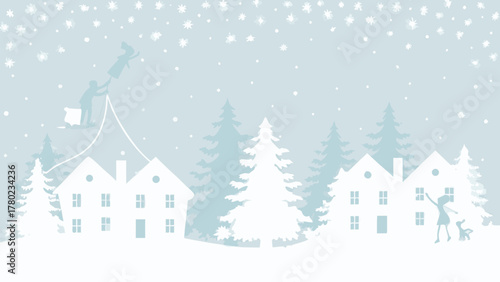 Whimsical winter scene with snowing village christmas trees and figures enjoying the snowfall