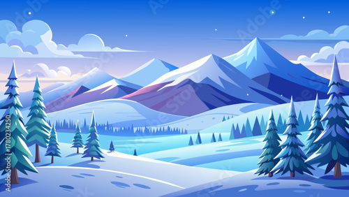 Stylized winter landscape with snow covered mountains pine trees and a clear blue sky with stars and clouds