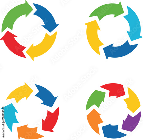 Four colorful circular arrow diagrams on white background circle cycle