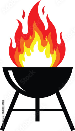 Black barbecue grill with vibrant red orange and yellow flames fire cooking
