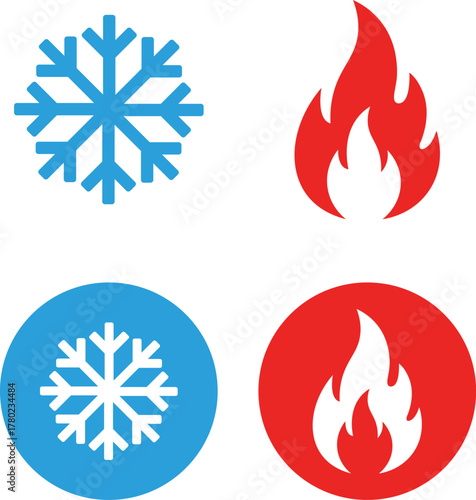 Blue snowflake icon and red flame icon with circular versions cold winter