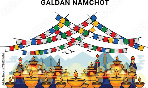 Galdan Namchot with prayer flags and butter lamps for the Tibetan festival