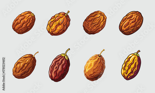 Artistic illustration of multiple raisins in various colors and with visible textures