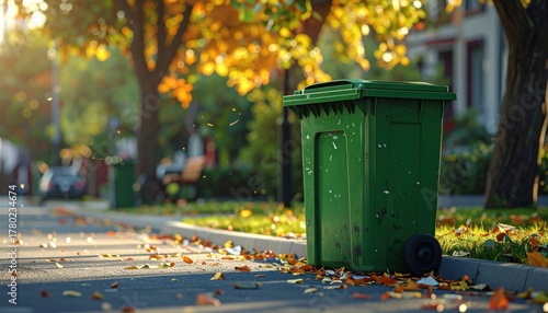 Green bin on street.