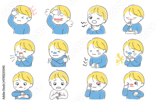 体調が悪い子どものイラスト　感染症や花粉症など12種類の症状セット