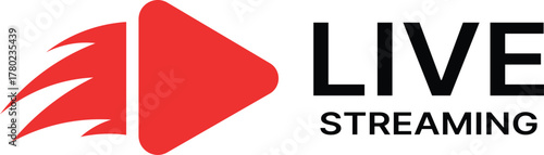 Red play button icon with streaming text on white background live streaming black