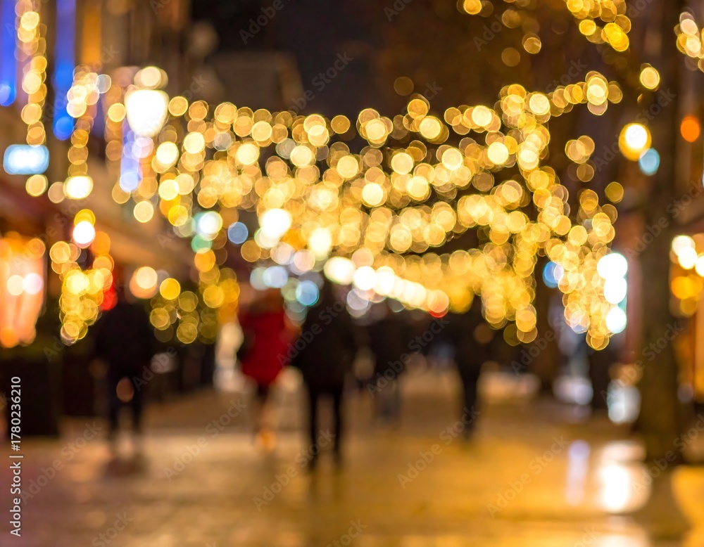 Fototapeta premium A street scene at night featuring out-of-focus golden lights overhead, with blurred figures of people walking below. The atmosphere evokes a festive feeling