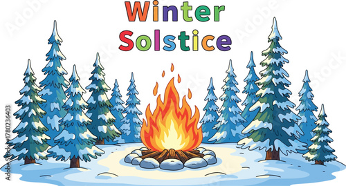 Illustration of winter solstice with bonfire and pine trees for celebration